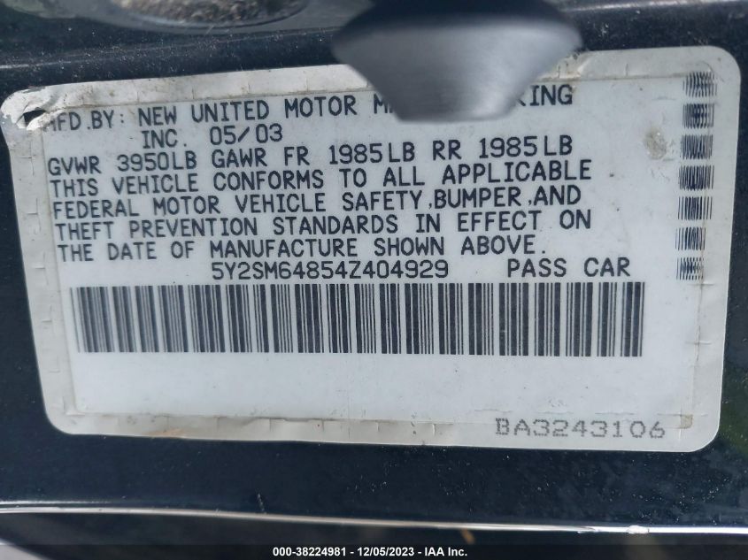 2004 Pontiac Vibe VIN: 5Y2SM64854Z404929 Lot: 38224981