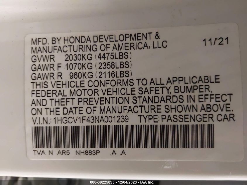 2022 Honda Accord Sport Special Edition VIN: 1HGCV1F43NA001239 Lot: 38225093