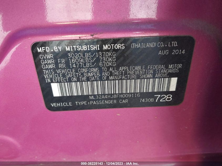 2015 Mitsubishi Mirage Es VIN: ML32A4HJ8FH009116 Lot: 38225143