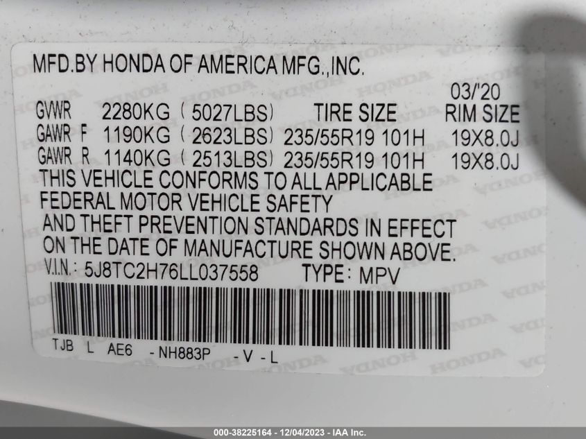 2020 Acura Rdx W/Advance Pkg VIN: 5J8TC2H76LL037558 Lot: 38225164