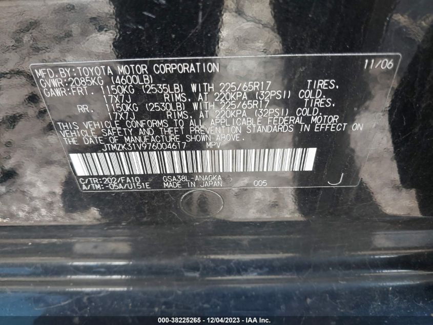 2007 Toyota Rav4 Limited V6 VIN: JTMZK31V976004617 Lot: 38225265