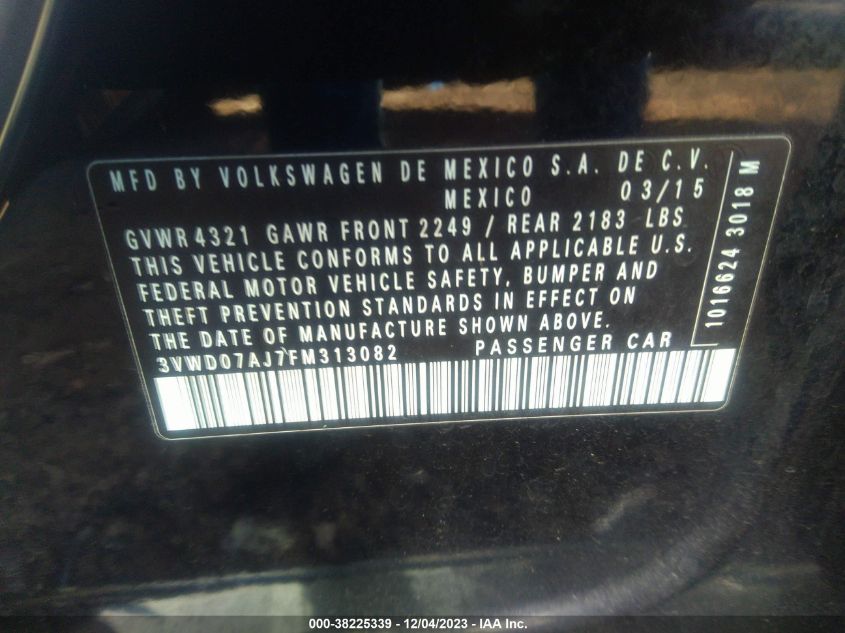 2015 Volkswagen Jetta 1.8T Se VIN: 3VWD07AJ7FM313082 Lot: 38225339