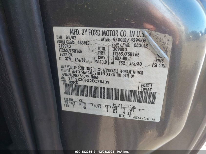 2002 Ford Super Duty F-350 Srw Lariat/Xl/Xlt VIN: 1FTSX30F52EC78439 Lot: 38225419