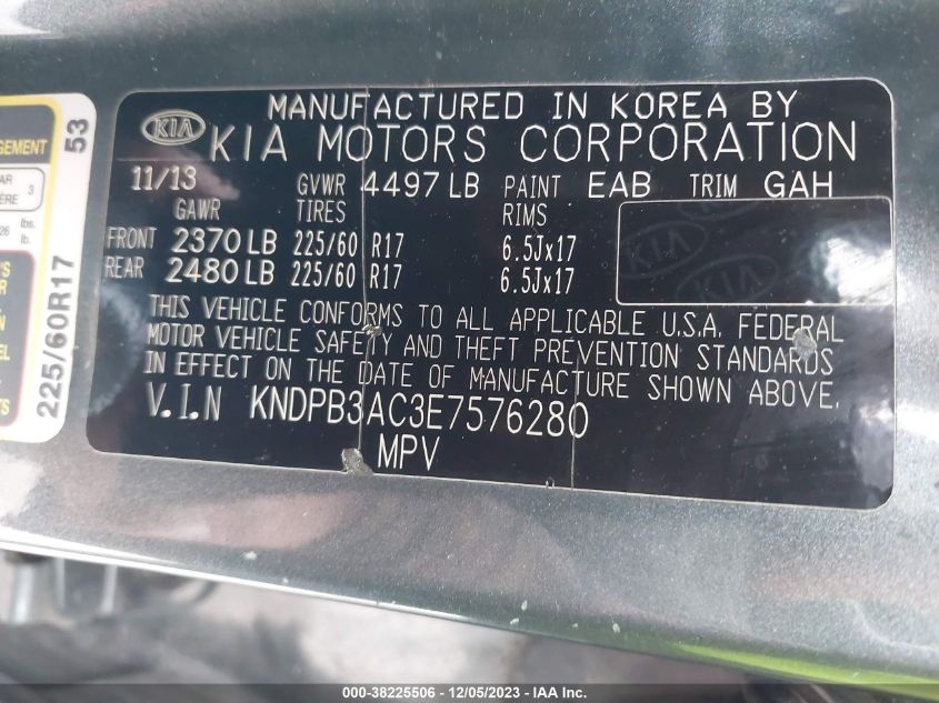 2014 Kia Sportage Lx VIN: KNDPB3AC3E7576280 Lot: 38225506