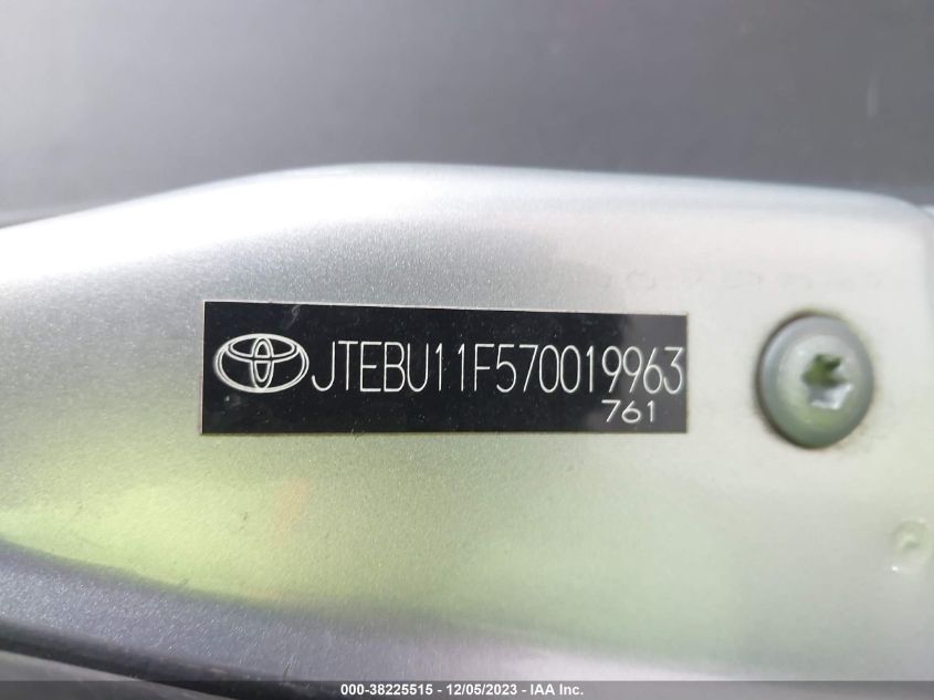 2007 Toyota Fj Cruiser VIN: JTEBU11F570019963 Lot: 38225515