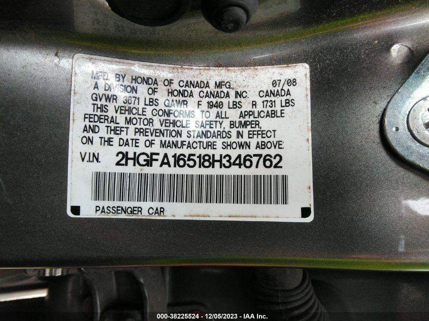 2008 Honda Civic Lx VIN: 2HGFA16518H346762 Lot: 38225524