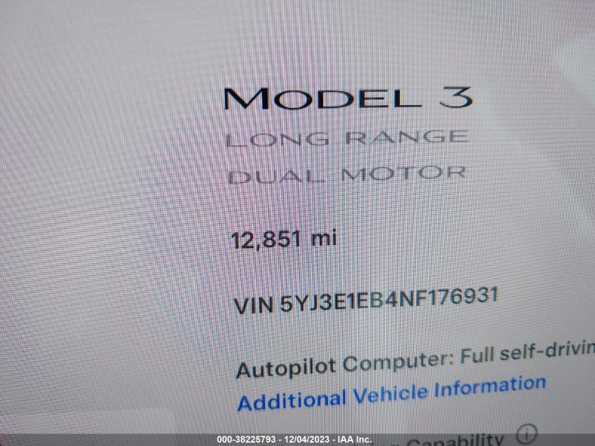 2022 Tesla Model 3 Long Range Dual Motor All-Wheel Drive VIN: 5YJ3E1EB4NF176931 Lot: 38225793