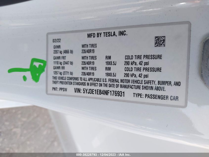 2022 Tesla Model 3 Long Range Dual Motor All-Wheel Drive VIN: 5YJ3E1EB4NF176931 Lot: 38225793