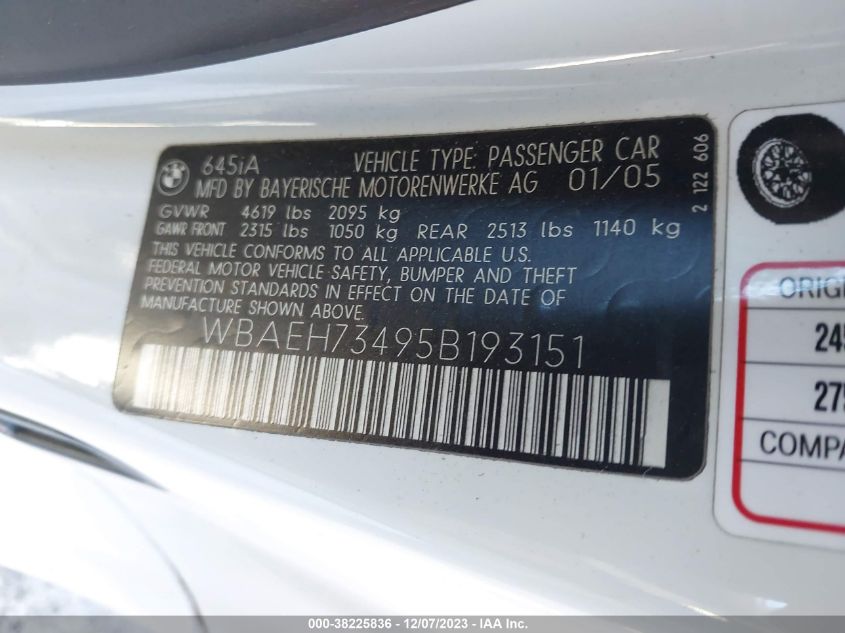 2005 BMW 645Ci VIN: WBAEH73495B193151 Lot: 38225836
