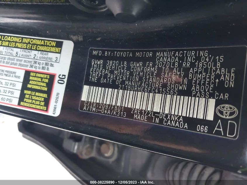 2015 Toyota Corolla Le VIN: 2T1BURHE6FC415565 Lot: 38225890