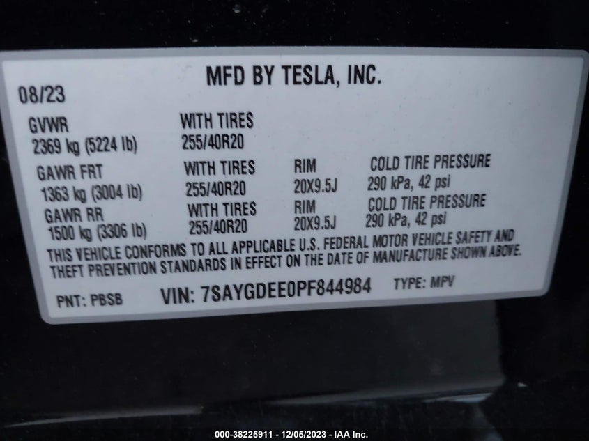 2023 Tesla Model Y Awd VIN: 7SAYGDEE0PF844984 Lot: 38225911