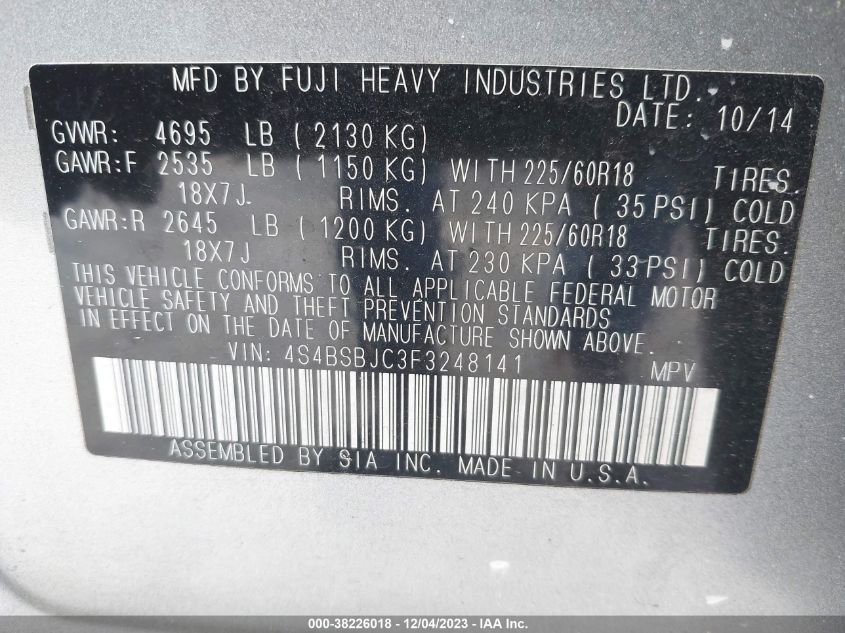 2015 Subaru Outback 2.5I Limited VIN: 4S4BSBJC3F3248141 Lot: 38226018