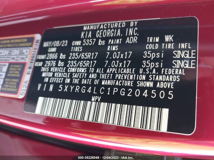 2023 Kia Sorento Lx VIN: 5XYRG4LC1PG204505 Lot: 38226048