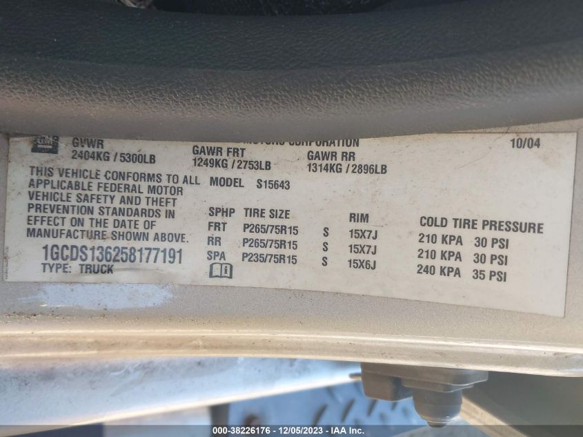 2005 Chevrolet Colorado Ls VIN: 1GCDS136258177191 Lot: 38226176