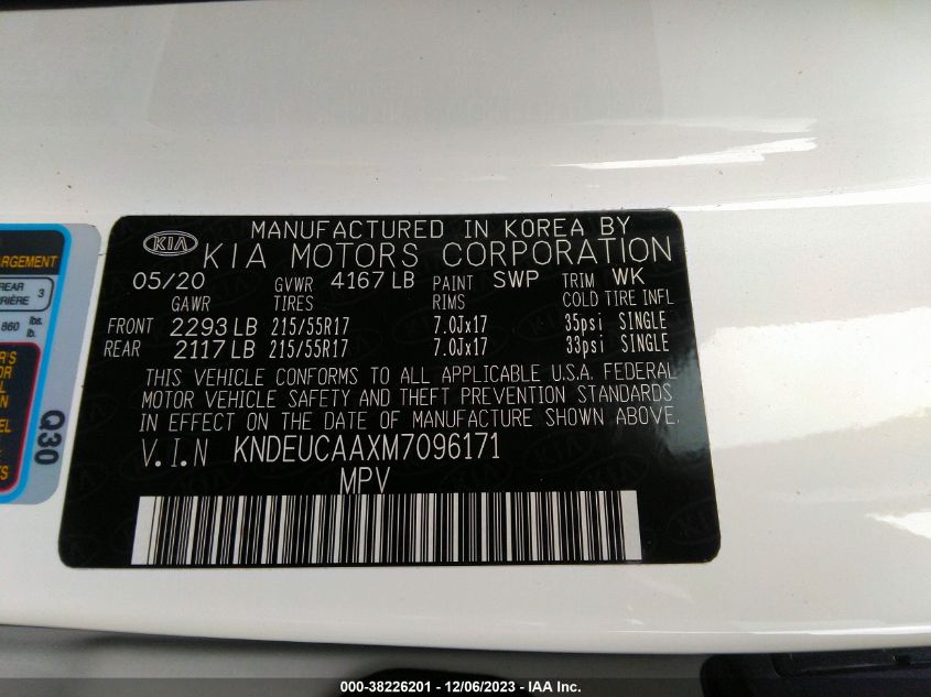 2021 Kia Seltos S VIN: KNDEUCAAXM7096171 Lot: 38226201