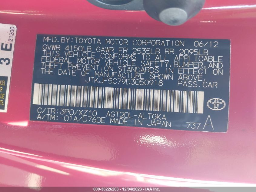 2013 Scion Tc VIN: JTKJF5C79D3050918 Lot: 38226203