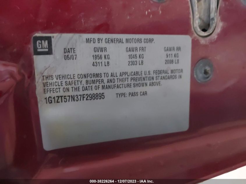 2007 Chevrolet Malibu Lt VIN: 1G1ZT57N37F298895 Lot: 38226264
