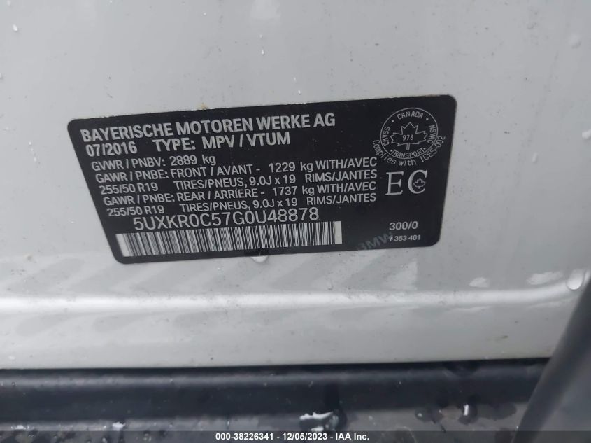 2016 BMW X5 xDrive35I VIN: 5UXKR0C57G0U48878 Lot: 38226341