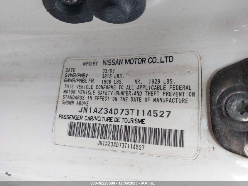 2003 Nissan 350Z Touring VIN: JN1AZ34D73T114527 Lot: 38226500