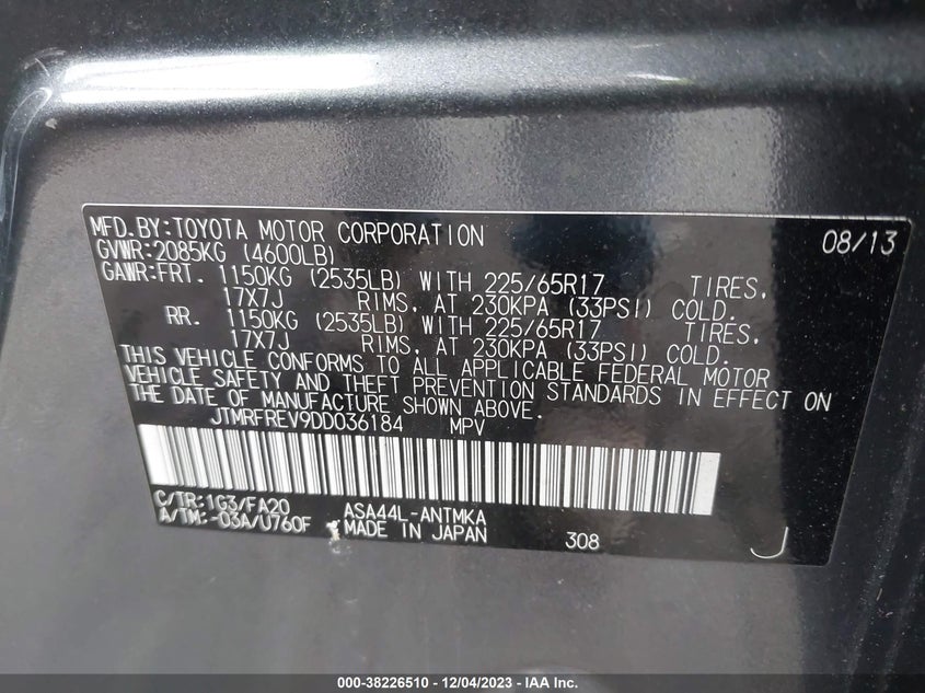 2013 Toyota Rav4 Xle VIN: JTMRFREV9DD036184 Lot: 38226510