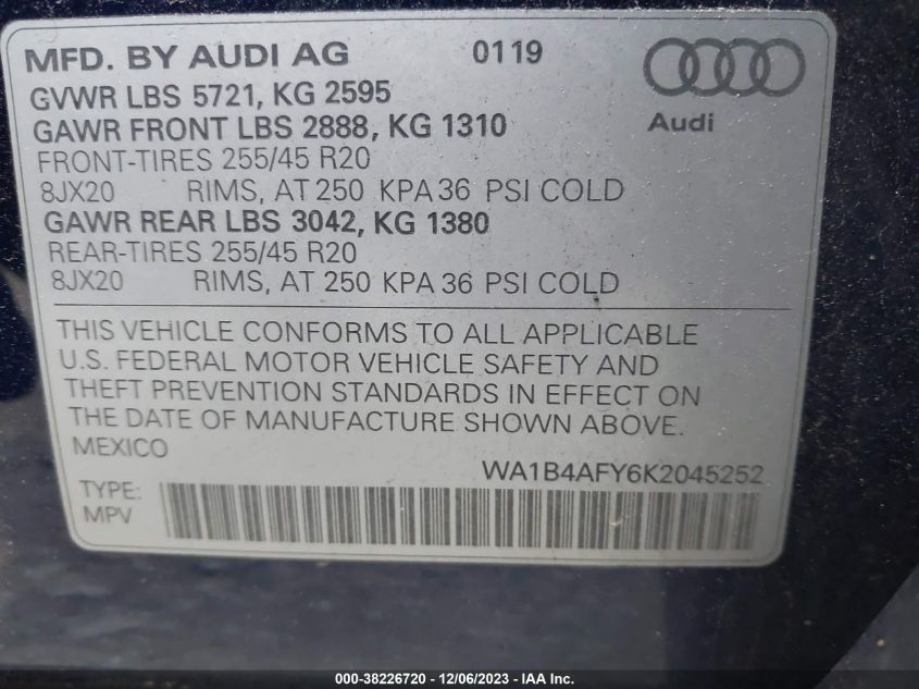 WA1B4AFY6K2045252 2019 Audi Sq5 3.0T Premium