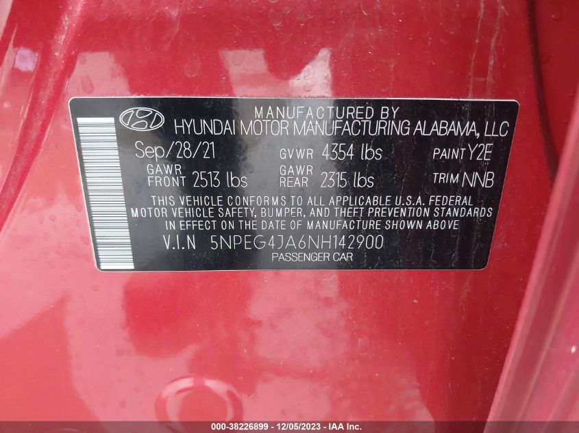 2022 Hyundai Sonata Se VIN: 5NPEG4JA6NH142900 Lot: 38226899