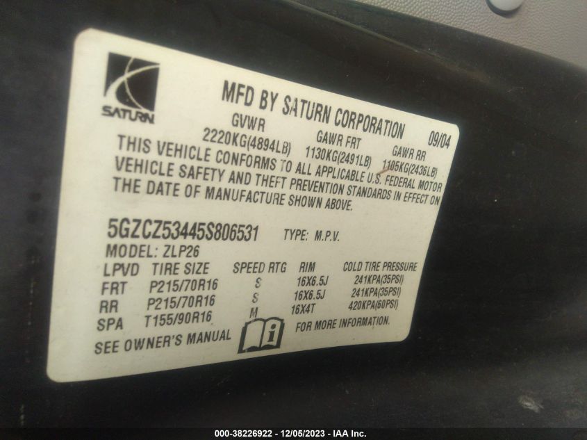 2005 Saturn Vue V6 VIN: 5GZCZ53445S806531 Lot: 38226922