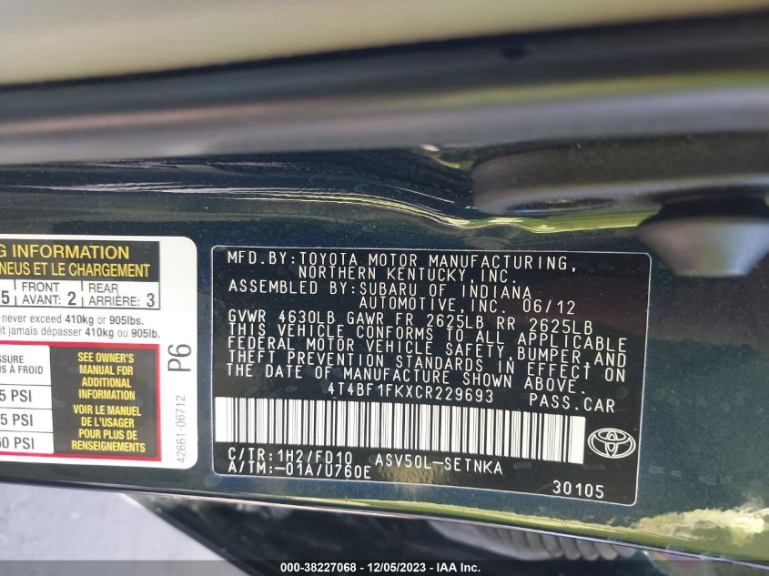 2012 Toyota Camry Le VIN: 4T4BF1FKXCR229693 Lot: 38227068