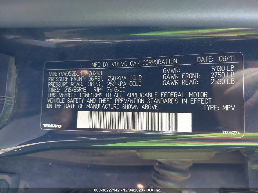 2012 Volvo Xc70 3.2/3.2 Platinum VIN: YV4952BL1C1120283 Lot: 38227142