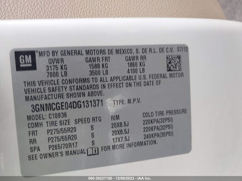 2013 Chevrolet Avalanche Ltz VIN: 3GNMCGE04DG131371 Lot: 38227150