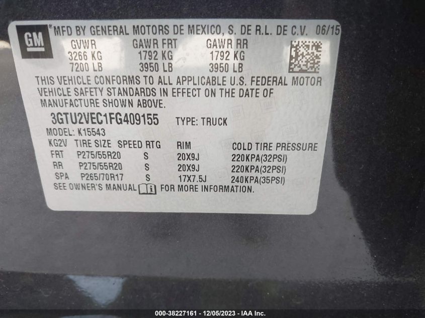 2015 GMC Sierra 1500 Slt VIN: 3GTU2VEC1FG409155 Lot: 38227161