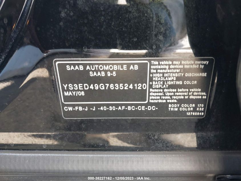 YS3ED49G763524120 2006 Saab 9-5 2.3T