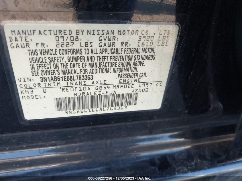 2008 Nissan Sentra 2.0S VIN: 3N1AB61E68L763363 Lot: 38227256