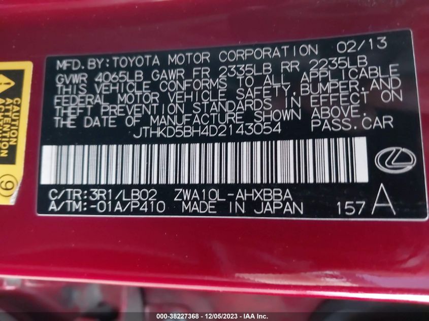 2013 Lexus Ct 200H VIN: JTHKD5BH4D2143054 Lot: 38227368