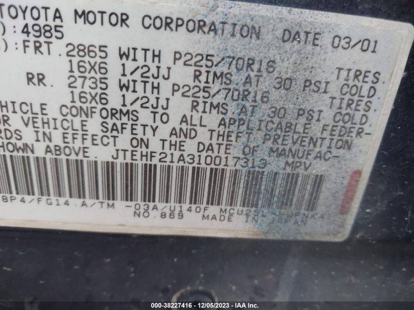 2001 Toyota Highlander V6 (A4) VIN: JTEHF21A310017313 Lot: 38227416