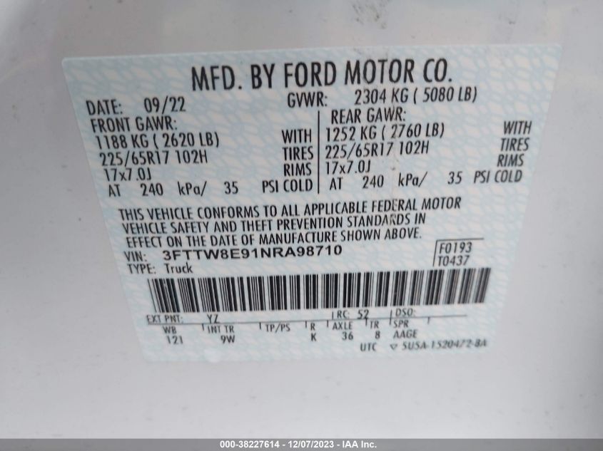 2022 Ford Maverick Xl VIN: 3FTTW8E91NRA98710 Lot: 38227614