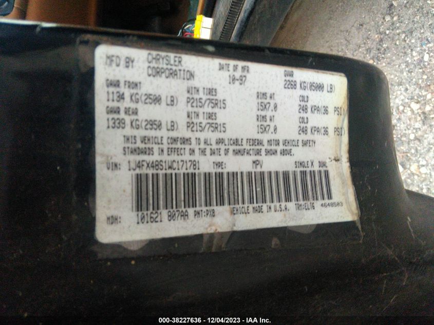 1998 Jeep Grand Cherokee Laredo VIN: 1J4FX48S1WC171781 Lot: 38227636