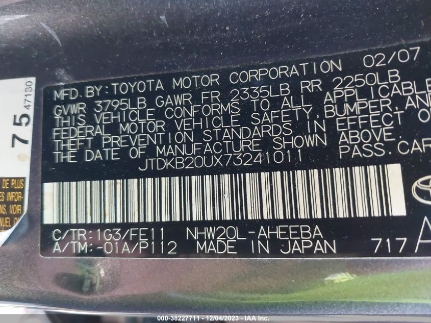 2007 Toyota Prius VIN: JTDKB20UX73241011 Lot: 38227711