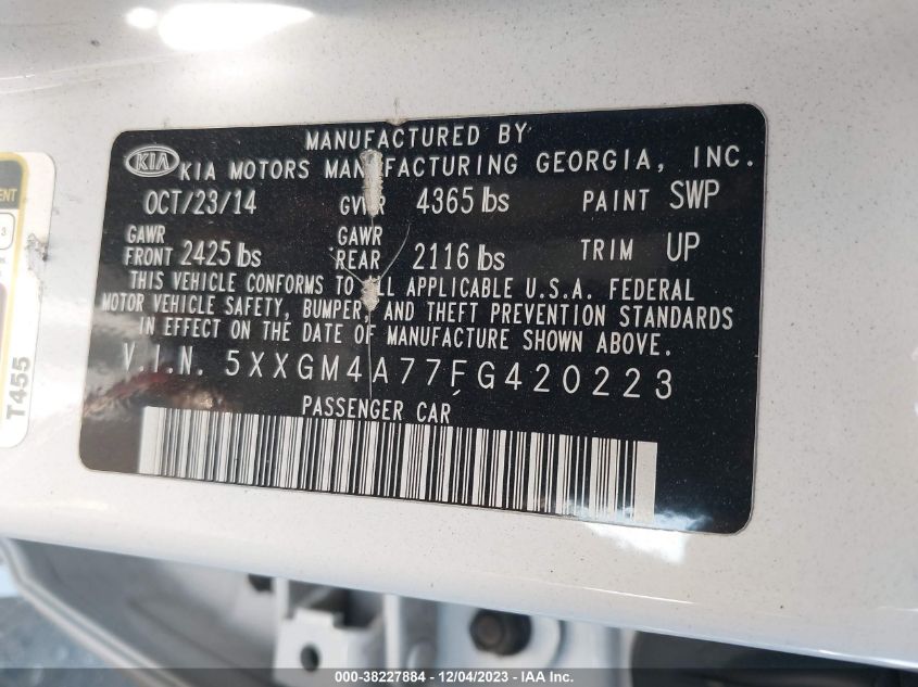 2015 Kia Optima Lx VIN: 5XXGM4A77FG420223 Lot: 38227884