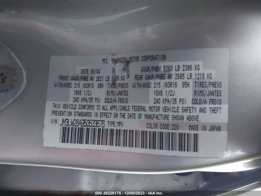 2005 Mazda Mpv Lx VIN: JM3LW28A950533676 Lot: 38228175