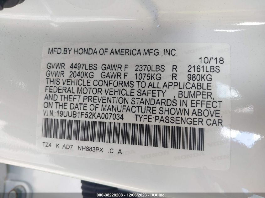 19UUB1F52KA007034 2019 Acura Tlx Tech Pkg