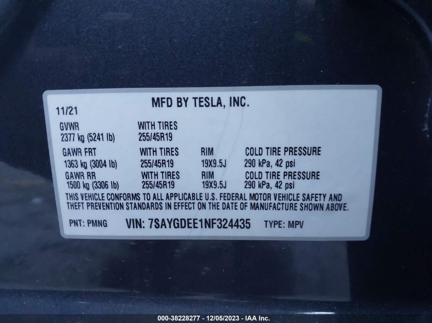 2022 Tesla Model Y Long Range Dual Motor VIN: 7SAYGDEE1NF324435 Lot: 38228277