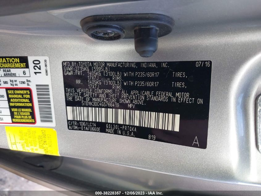 2016 Toyota Sienna Xle 8 Passenger VIN: 5TDYK3DC4GS766419 Lot: 38228357