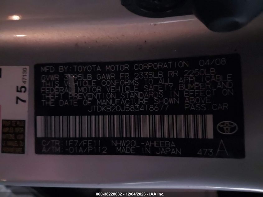 2008 Toyota Prius Base (Cvt-E) VIN: JTDKB20U583418677 Lot: 38228632