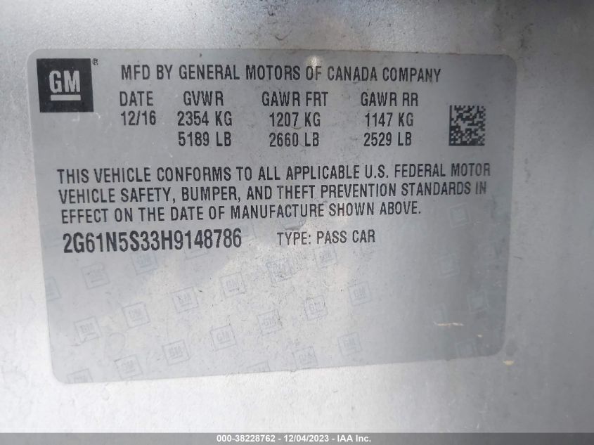 2017 Cadillac Xts Luxury VIN: 2G61N5S33H9148786 Lot: 38228762