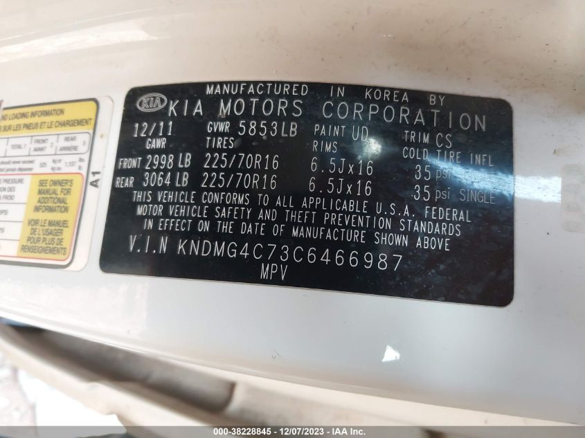 2012 Kia Sedona Lx VIN: KNDMG4C73C6466987 Lot: 38228845