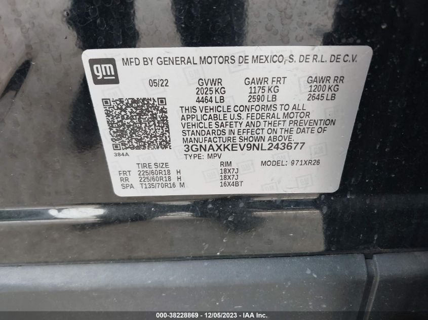 3GNAXKEV9NL243677 2022 Chevrolet Equinox Fwd Lt