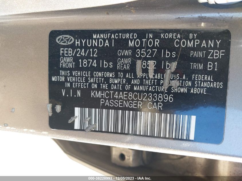 2012 Hyundai Accent Gls VIN: KMHCT4AE8CU233896 Lot: 38228993