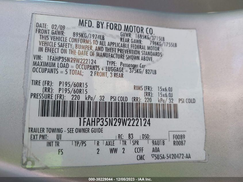 1FAHP35N29W222124 2009 Ford Focus Se