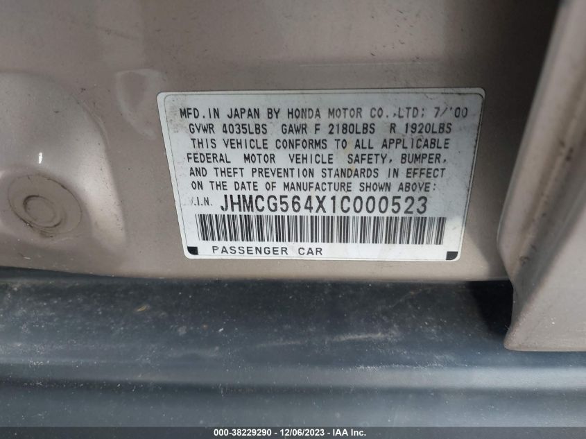 2001 Honda Accord Sdn Lx VIN: JHMCG564X1C000523 Lot: 38229290